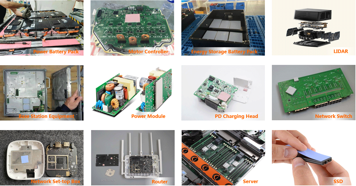 The application areas of the NF150-300 thermal conductive pad across eight main sectors, including consumer electronics, artificial intelligence, automotive electronics, communication equipment, LED lighting, medical devices, security equipment, and smart home appliances.